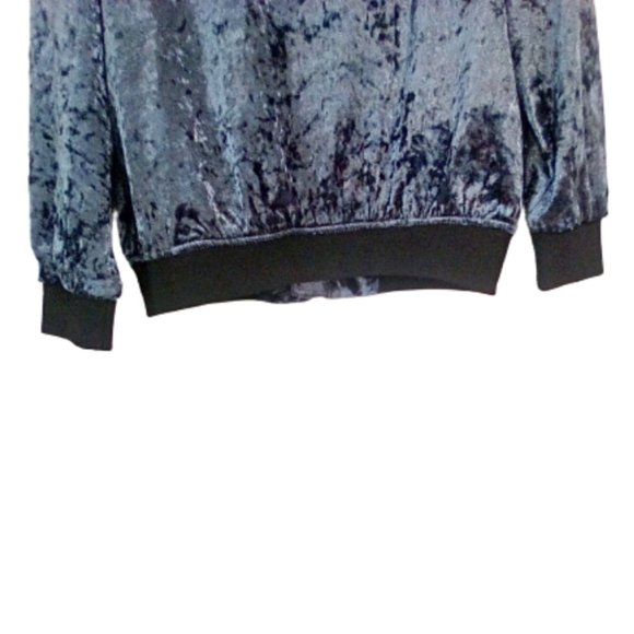 Forever 21 Sz S Jacket Bomber Zip Crushed Velvet Blue Sheen Black Cuffs Hemline - Picture 3 of 3